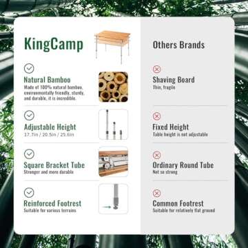 KingCamp Bamboo Folding Camping Table 4 Folds Lightweight with Adjustable Height Aluminum Legs Portable Camp Tables in Carry Bag for Indoor Outdoor Picnic Beach