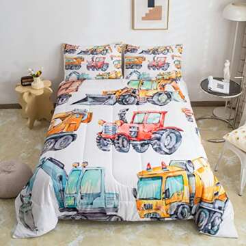 Erosebridal Kids Excavator Comforter Set Full Size, Retro Truck Down Comforter for Boys Girls Teens, Tractor Machinery Construction Vehicle Bedding Set Crane Digger Mixer Quilted Duvet Bedroom Decor