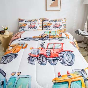 Erosebridal Kids Excavator Comforter Set Full Size, Retro Truck Down Comforter for Boys Girls Teens, Tractor Machinery Construction Vehicle Bedding Set Crane Digger Mixer Quilted Duvet Bedroom Decor