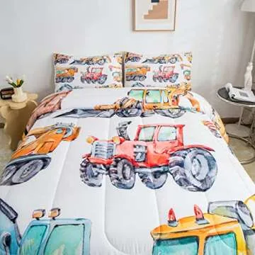 Erosebridal Kids Excavator Comforter Set Full Size, Retro Truck Down Comforter for Boys Girls Teens, Tractor Machinery Construction Vehicle Bedding Set Crane Digger Mixer Quilted Duvet Bedroom Decor