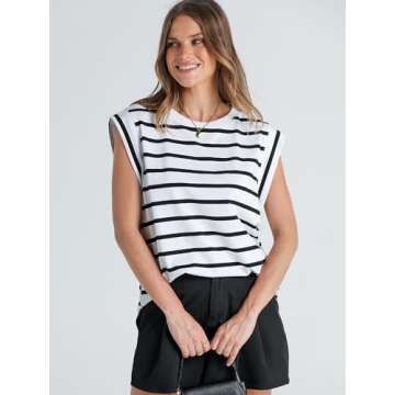 WIHOLL Black and White Striped Shirt Women Cap Short Sleeve Sleeveless Spring Womens Summer Tops Tre...