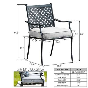 Top Space Metal Dining Chair Indoor Outdoor Use Patio Dinning Chairs Set,Dining Bistro Cafe Side Metal Chairs Set of 4 with Arms and Seat Cushions(4 PC, Grey)