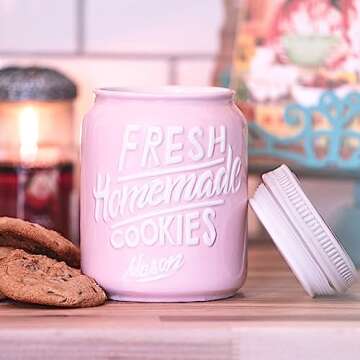 Farmhouse Canisters Sets for the Kitchen - Mason Jar Ceramic Kitchen Utensil Holder, Spoon Rest, Cute Cookie Jar, Salt & Pepper Shaker Sets, Sponge Holder, Measuring Cups & Spoons (Pink, 17-Pc Bundle)