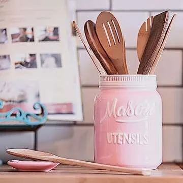 Farmhouse Canisters Sets for the Kitchen - Mason Jar Ceramic Kitchen Utensil Holder, Spoon Rest, Cute Cookie Jar, Salt & Pepper Shaker Sets, Sponge Holder, Measuring Cups & Spoons (Pink, 17-Pc Bundle)