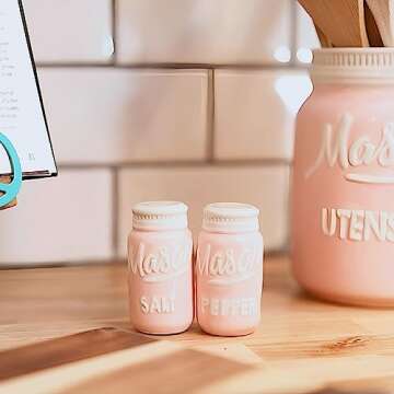 Farmhouse Canisters Sets for the Kitchen - Mason Jar Ceramic Kitchen Utensil Holder, Spoon Rest, Cute Cookie Jar, Salt & Pepper Shaker Sets, Sponge Holder, Measuring Cups & Spoons (Pink, 17-Pc Bundle)