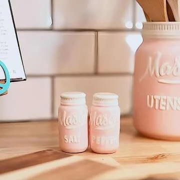 Farmhouse Canisters Sets for the Kitchen - Mason Jar Ceramic Kitchen Utensil Holder, Spoon Rest, Cute Cookie Jar, Salt & Pepper Shaker Sets, Sponge Holder, Measuring Cups & Spoons (Pink, 17-Pc Bundle)