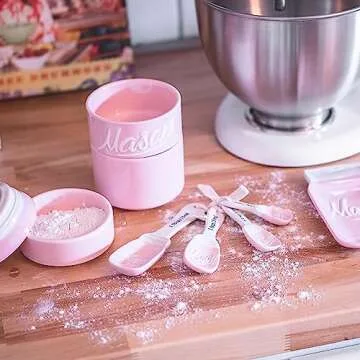 Farmhouse Canisters Sets for the Kitchen - Mason Jar Ceramic Kitchen Utensil Holder, Spoon Rest, Cute Cookie Jar, Salt & Pepper Shaker Sets, Sponge Holder, Measuring Cups & Spoons (Pink, 17-Pc Bundle)