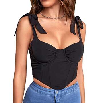 Women's Sexy Bustier Crop Top Strappy Tie up Shoulder Sleeveless Asymmetrical Corset Going Out Tops Black Small