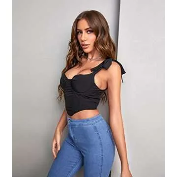Women's Sexy Bustier Crop Top Strappy Tie up Shoulder Sleeveless Asymmetrical Corset Going Out Tops Black Small
