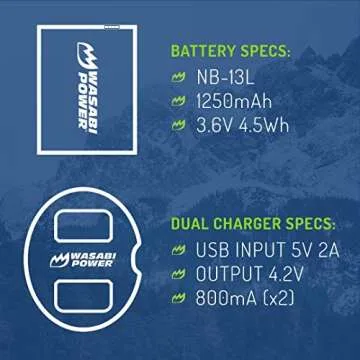 Wasabi Power Battery (2-Pack) Dual Charger for Canon NB-13L, PowerShot G1 X Mark III, G5 X, G5 X Mark II, G7 X, G7 X Mark II, G7 X Mark III, G9 X, G9 X Mark II, SX620 HS, SX720 HS, SX730 HS, SX740 HS