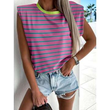 ANRABESS Women's Casual Sleeveless Tank Tops - Pink Stripes