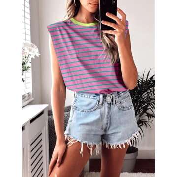 ANRABESS Women's Casual Sleeveless Tank Tops - Pink Stripes