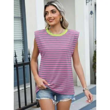 ANRABESS Women's Casual Sleeveless Tank Tops - Pink Stripes