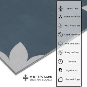 Inno Stickers Peel and Stick Floor and Wall Tiles 9x9In Blue Flower Encaustic Patterned Groutless Ba...