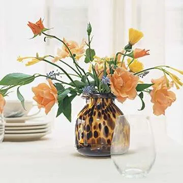 Handmade Leopard Print Glass Vase, Centerpiece Decorative Flower Vase, Stylish for Home Decor, 6.3 inch/16cm Tall for Living Room Dining Tabletop Statement Office Decoration(M-Leopard)
