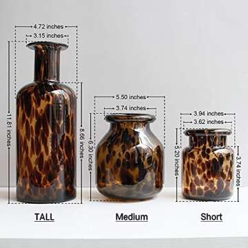 Handmade Leopard Print Glass Vase, Centerpiece Decorative Flower Vase, Stylish for Home Decor, 6.3 inch/16cm Tall for Living Room Dining Tabletop Statement Office Decoration(M-Leopard)