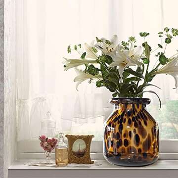 Handmade Leopard Print Glass Vase, Centerpiece Decorative Flower Vase, Stylish for Home Decor, 6.3 inch/16cm Tall for Living Room Dining Tabletop Statement Office Decoration(M-Leopard)