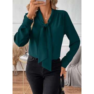 Astylish Women's Bow Tie Neck Long Sleeve Dressy Elegant Office Work Blouse Shirt Tops 2024 Sea Gree...