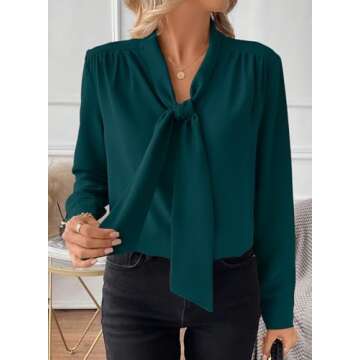 Astylish Women's Bow Tie Neck Long Sleeve Dressy Elegant Office Work Blouse Shirt Tops 2024 Sea Green Large