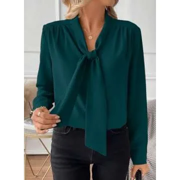 Astylish Women's Bow Tie Neck Long Sleeve Dressy Elegant Office Work Blouse Shirt Tops 2024 Sea Green Large