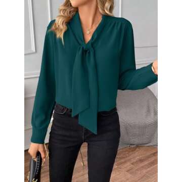 Astylish Women's Bow Tie Neck Long Sleeve Dressy Elegant Office Work Blouse Shirt Tops 2024 Sea Green Large
