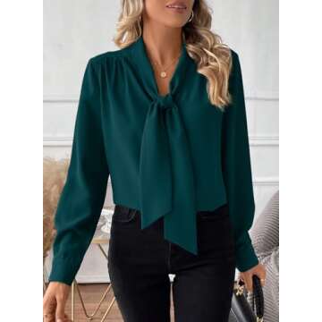 Astylish Women's Bow Tie Neck Long Sleeve Dressy Elegant Office Work Blouse Shirt Tops 2024 Sea Green Large