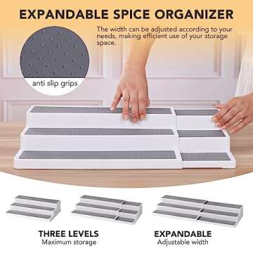 CiWiVOKi 3 Tier Expandable Spice Rack Organizer, White/Grey Plastic Spice Rack, Adjustable Length 14.6In-25.8In, 2 Pack Non-Skid Tiered Spice Shelf Organizer for Kitchen Cabinet, Cupboard, Pantry