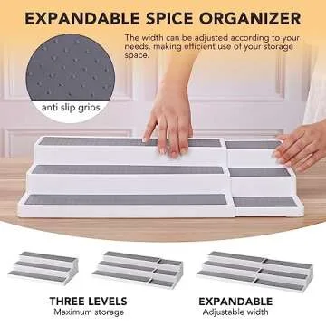 CiWiVOKi 3 Tier Expandable Spice Rack Organizer, White/Grey Plastic Spice Rack, Adjustable Length 14.6In-25.8In, 2 Pack Non-Skid Tiered Spice Shelf Organizer for Kitchen Cabinet, Cupboard, Pantry