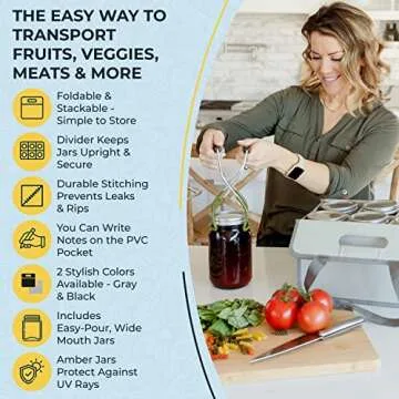 Jarganizer 6 Jar & Bottle Bag Drink Carrier Bundle – Foldable Tote Bag With 6 Amber Mason Jars, 12 Lids, 6 Straws, Markers & More – Great for Coffee, Cocktails, Smoothies & Other Beverages – Gray