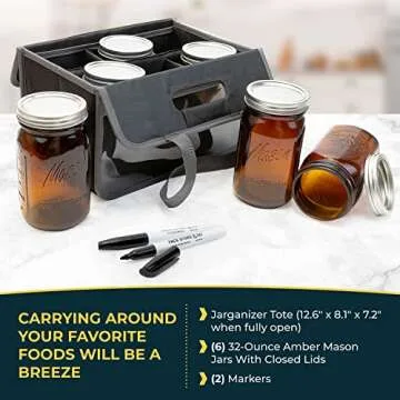 Jarganizer 6 Jar & Bottle Bag Drink Carrier Bundle – Foldable Tote Bag With 6 Amber Mason Jars, 12 Lids, 6 Straws, Markers & More – Great for Coffee, Cocktails, Smoothies & Other Beverages – Gray