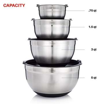 Sterline Stainless Steel Mixing Bowl Set of 4 w/Lids, Non-Slip Mixing Bowls .75, 1.5, 3, & 5-Quarts w/Measurement Displayed Inside, Small-Large Nesting Bowls, Cooking and Kitchen Essentials, Silver