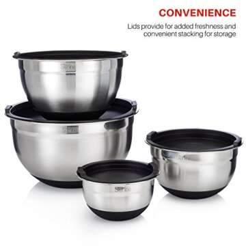 Sterline Stainless Steel Mixing Bowl Set of 4 w/Lids, Non-Slip Mixing Bowls .75, 1.5, 3, & 5-Quarts w/Measurement Displayed Inside, Small-Large Nesting Bowls, Cooking and Kitchen Essentials, Silver