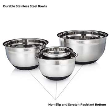 Sterline Stainless Steel Mixing Bowl Set of 4 w/Lids, Non-Slip Mixing Bowls .75, 1.5, 3, & 5-Quarts w/Measurement Displayed Inside, Small-Large Nesting Bowls, Cooking and Kitchen Essentials, Silver