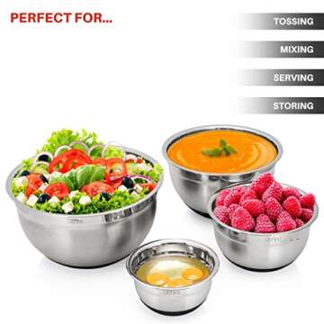 Sterline Stainless Steel Mixing Bowl Set of 4 w/Lids, Non-Slip Mixing Bowls .75, 1.5, 3, & 5-Quarts w/Measurement Displayed Inside, Small-Large Nesting Bowls, Cooking and Kitchen Essentials, Silver