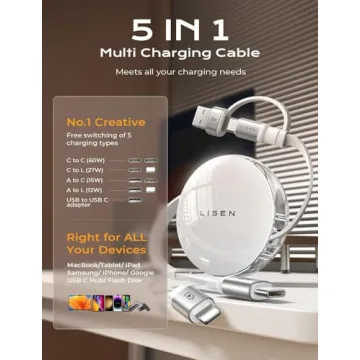 LISEN 5-in-1 Fast Charging Retractable Cable for All Devices