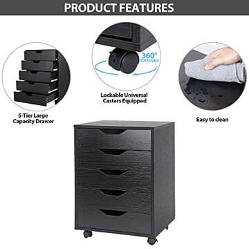 ZENY 5 Drawers Chest, Mobile File Cabinet with Casters, Home Office Storage Cabinet Under Desk Cabinet Storage Drawers Desk (Black)