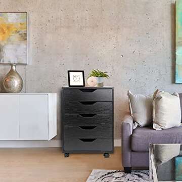 ZENY 5 Drawers Chest, Mobile File Cabinet with Casters, Home Office Storage Cabinet Under Desk Cabinet Storage Drawers Desk (Black)