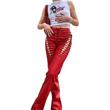Womens Lace Up Pants High Waist Leather Pants Sexy PU Leggings Hollow Out Leather Trousers with Drawstring (Red, Medium)