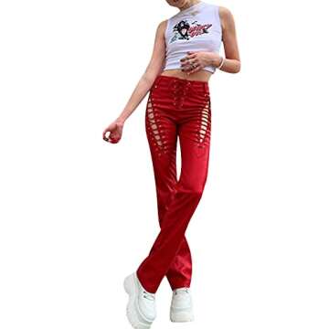 Womens Lace Up Pants High Waist Leather Pants Sexy PU Leggings Hollow Out Leather Trousers with Drawstring (Red, Medium)