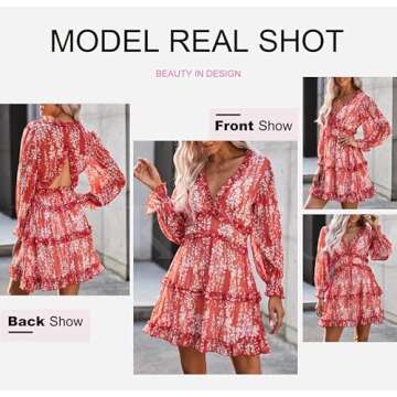 Dokotoo Womens Cute Summer Summer Casual Sexy Deep V Neck Ruffle Chiffon Lantern Long Sleeve Elegant Floral Printed Boho Hawaiian Flowy Mini Short Skirt Dresses for Women Party 2025 Medium