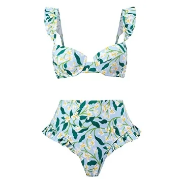 ABOCIW Bikini Sets for Women Two Piece Swimsuit Vintage Floral Print Spaghetti Strap Bikini High Waisted Bathing Suits with Swimsuit Coverup Beach Skirt 3 Piece Swimwear Green Flower Large