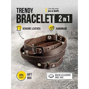 Genuine Leather Cuff Bracelets for Men and Women Adjustable Wrap Bracelet Handmade Gifts, Unisex Jew...