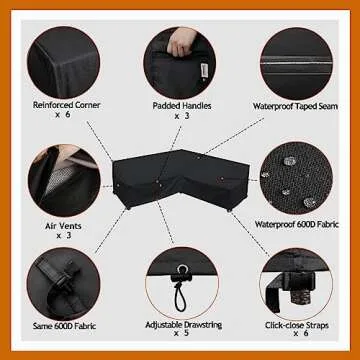 Flexiyard Heavy Duty Outdoor Sectional Sofa Cover, 85“ x 85" V-Shaped 5-Seater Waterproof 600D Patio Sectional Couch Cover, Outside Lawn Patio Furniture Cover (Midnight Black, V-Shaped-85 x85)