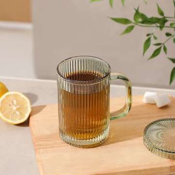 Lysenn Glass Coffee Mugs Set of 4 - Classic Vertical Stripe Tea Mug - Elegant Coffee Cup with Glass Lid for Latte, Espresso - Lovely Gift for Christmas, Anniversary and Birthday - 11 oz Lime Green