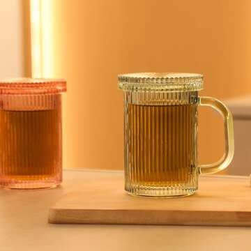 Lysenn Glass Coffee Mugs Set of 4 - Classic Vertical Stripe Tea Mug - Elegant Coffee Cup with Glass Lid for Latte, Espresso - Lovely Gift for Christmas, Anniversary and Birthday - 11 oz Lime Green