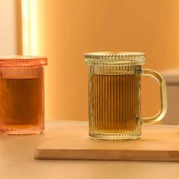 Lysenn Glass Coffee Mugs Set of 4 - Classic Vertical Stripe Tea Mug - Elegant Coffee Cup with Glass Lid for Latte, Espresso - Lovely Gift for Christmas, Anniversary and Birthday - 11 oz Lime Green