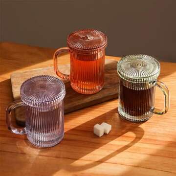 Lysenn Glass Coffee Mugs Set of 4 - Classic Vertical Stripe Tea Mug - Elegant Coffee Cup with Glass Lid for Latte, Espresso - Lovely Gift for Christmas, Anniversary and Birthday - 11 oz Lime Green