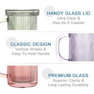Lysenn Glass Coffee Mugs Set of 4 - Classic Vertical Stripe Tea Mug - Elegant Coffee Cup with Glass Lid for Latte, Espresso - Lovely Gift for Christmas, Anniversary and Birthday - 11 oz Lime Green