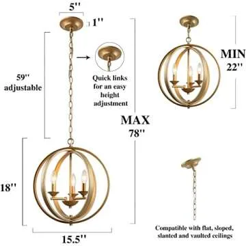 KSANA Gold Orb Chandelier Modern Globe 3 Light Fixture for Dining & Living Room, Bedroom, Foyer and ...