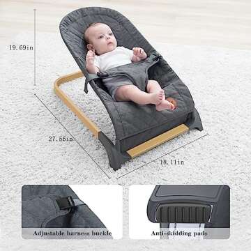 ANGELBLISS Baby Bouncer, Portable Bouncer Seat for Babies, Infants Bouncy Seat with Wood Grain Base, Natural Vibrations (Grey)